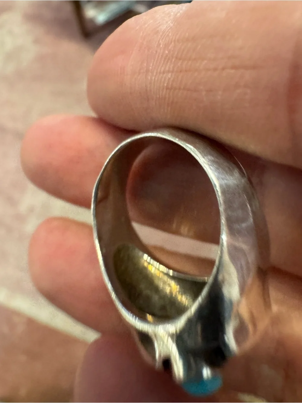Unique Sterling and turquoise modern statement ring size nine. Stamped by artist
